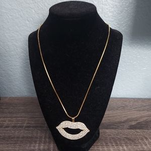 Gold and White Rhinestone Lip Pendant Necklace